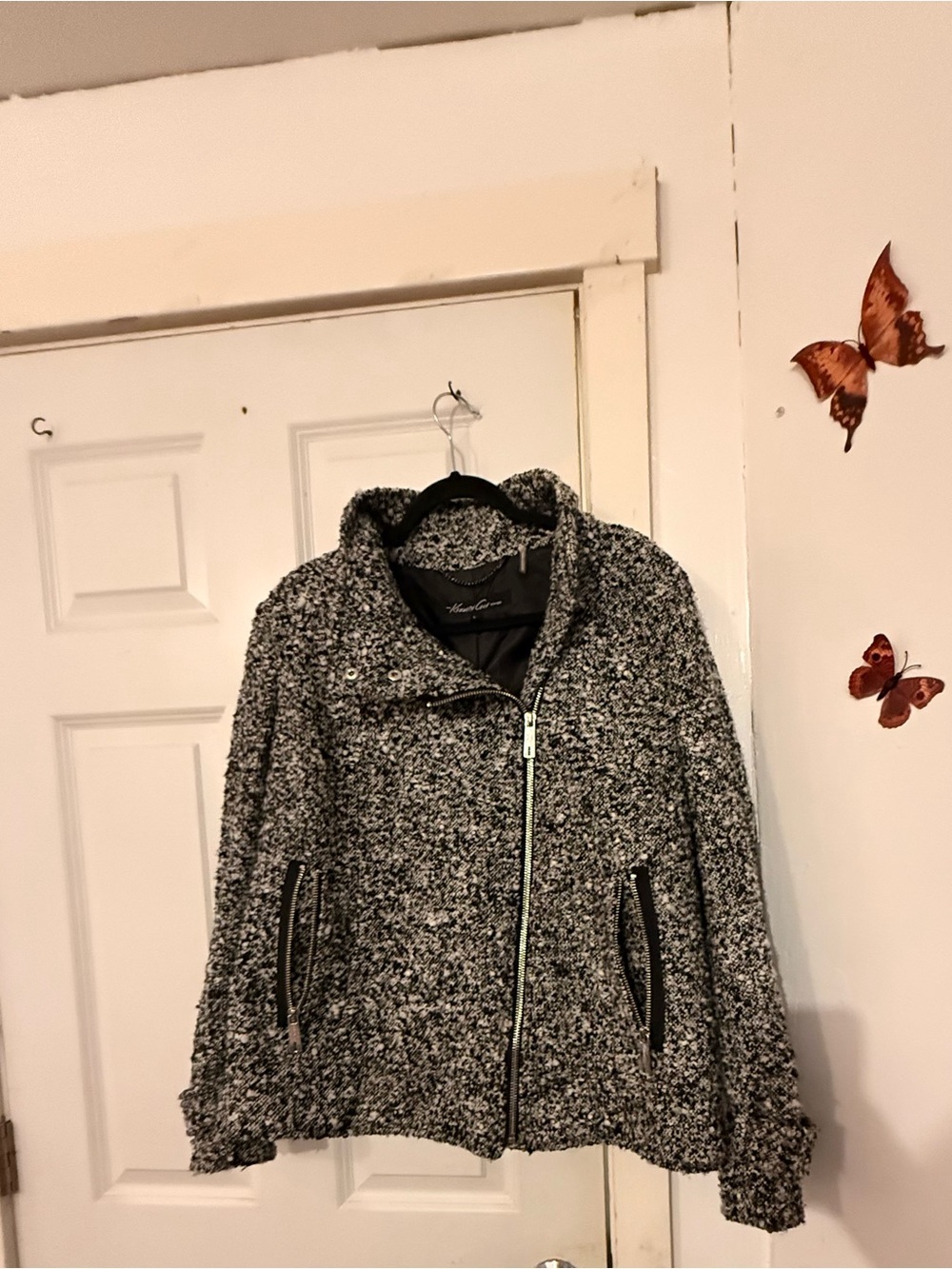 Kenneth Cole Gray Bouclé Zip-Front Hooded Jacket